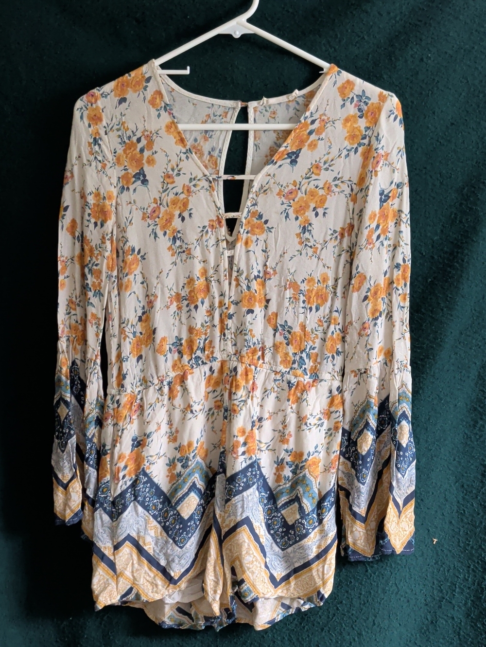 Chloe & Katie Cream Floral Peasant Blouse with Mustard & Navy Accents